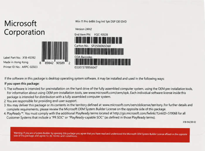 Phần mềm Microsoft Windows 11 Pro 64Bit Eng Intl 1PK DSP OEI DVD (FQC-10528) | Box Chính Hãng